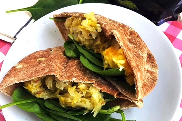 Cheesy-Egg-Breakfast-Pitas-with-Spinach-and-Sauerkraut