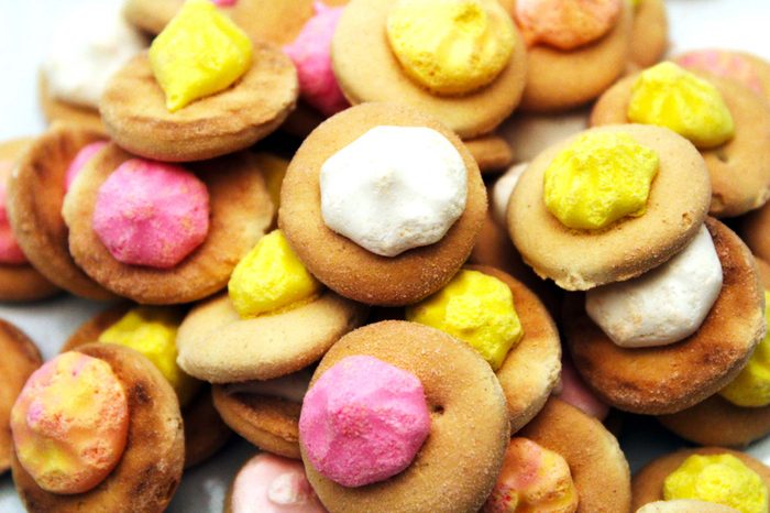 Cookies with white, pink and yellow frosting
