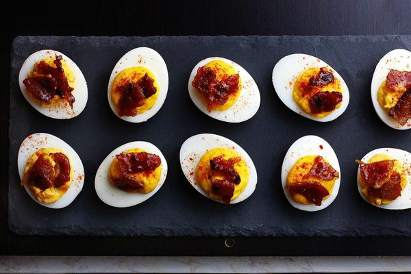 Sriracha Deviled Eggs with Candied Bacon