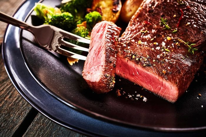 Plate of steak and veggies.