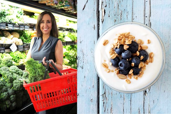 Martha McKittrick and a bowl of yogurt with granola and blueberries