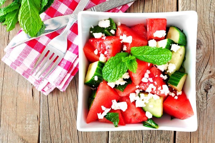 Tomato and cucumber salad with feta cheese.