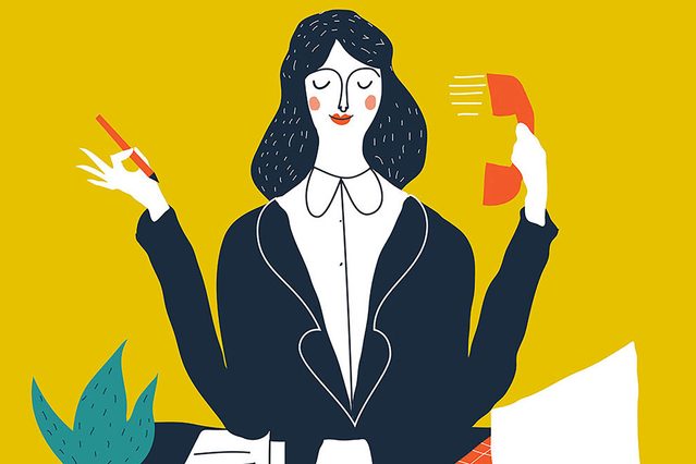illustration of woman at desk holding a phone