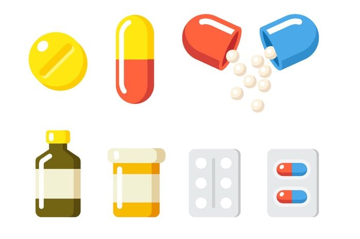 Illustration of medications including pills, capsules and tablets.