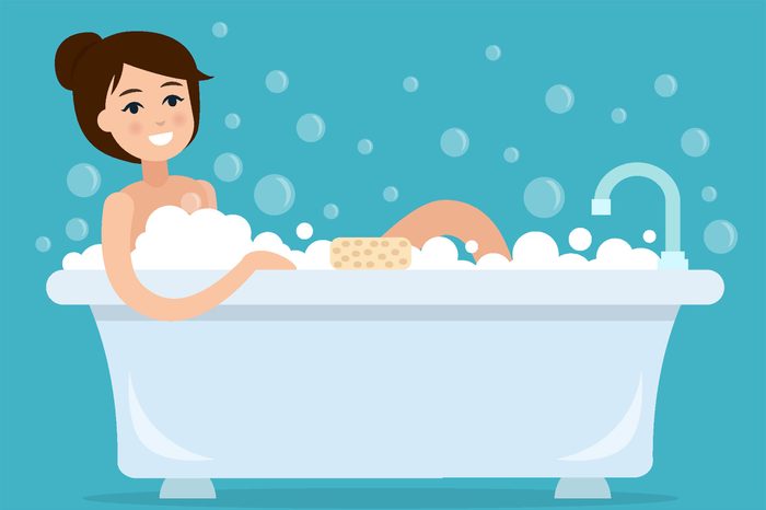 Illustration of a woman taking a bubble bath.