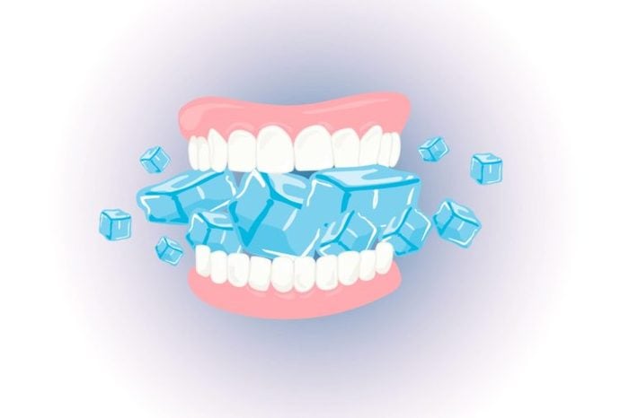 Illustration of teeth chomping down on a lot of ice cubes.