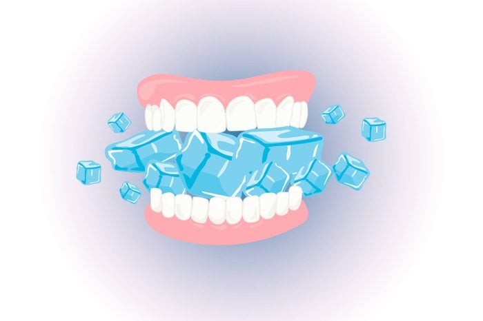 Illustration of teeth chomping down on a lot of ice cubes.