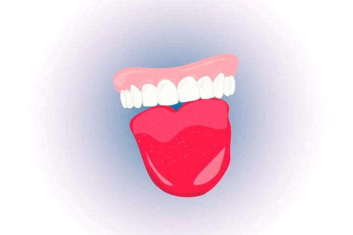 Illustration of teeth and a tongue that is sticking out.