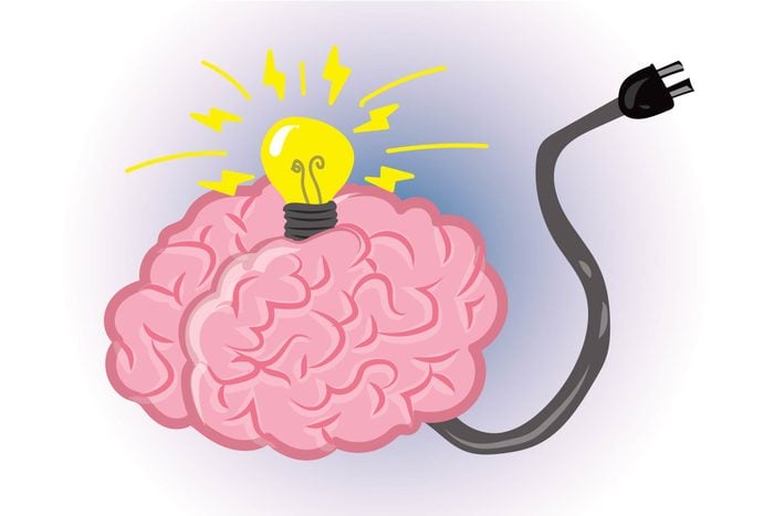 Graphic of human brain with light bulb on top and electrical cord coming out of bottom
