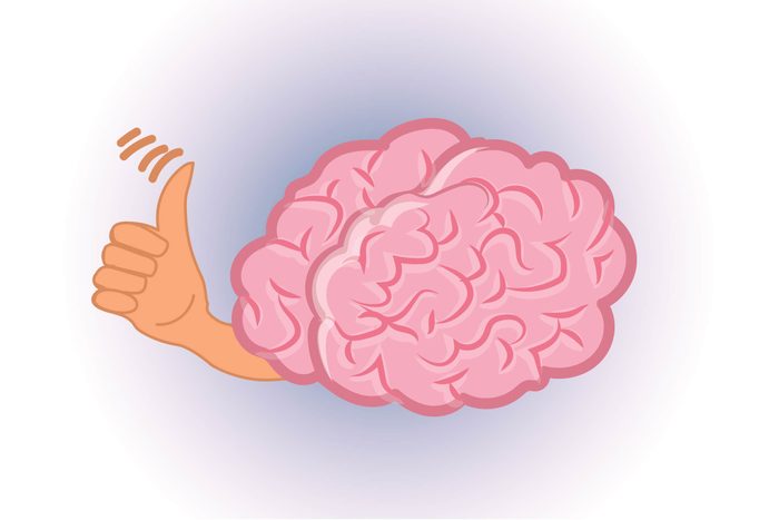 Graphic of human brain with thumbs-up hand extending out