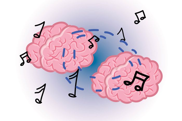 Graphic of two human brains with musical notes all around