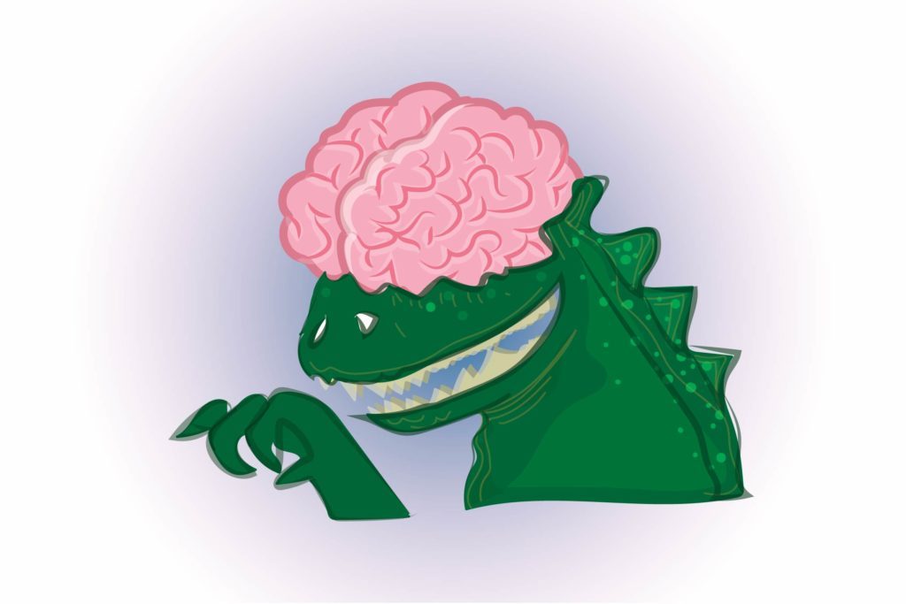 Dinosaur with human brain on top