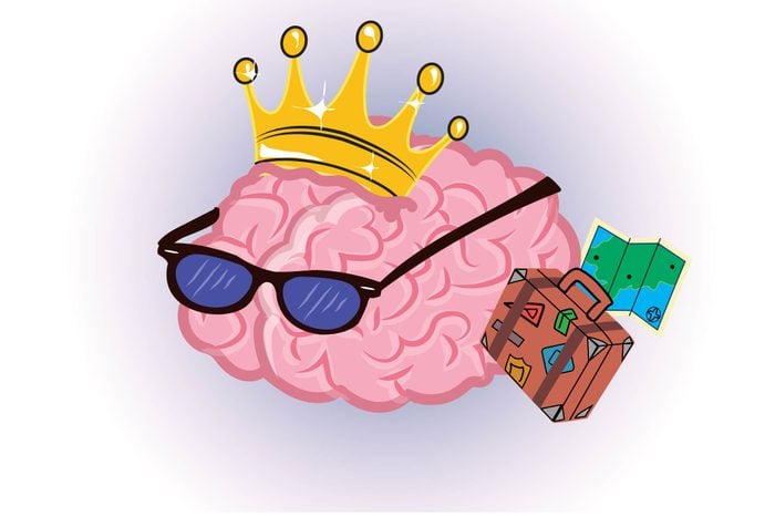 Graphic of "traveling" human brain with sunglasses, suitcase and map
