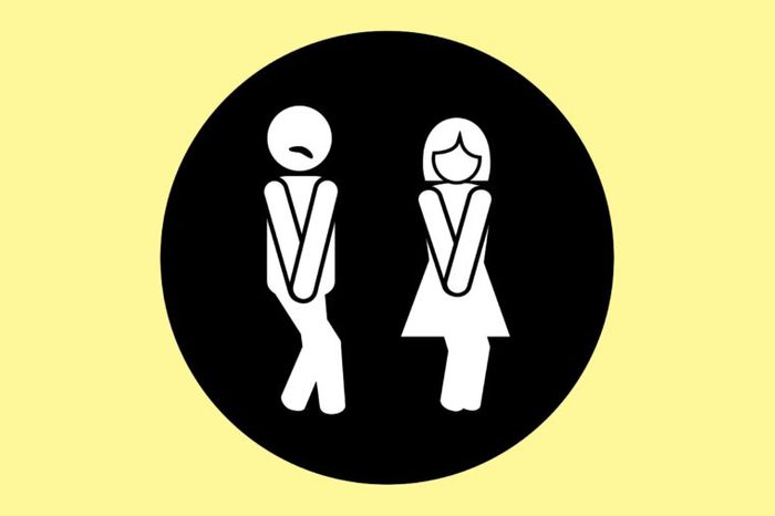 Restroom illustration of a man and woman holding their pee.
