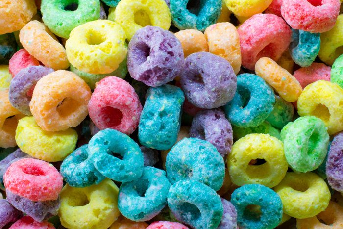 Close-up of brightly colored cereal