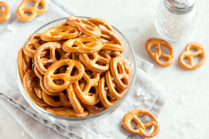 Pretzels in a glass bowl on a table