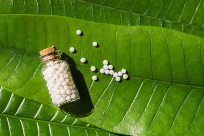 Homeopathy tablets on leaf