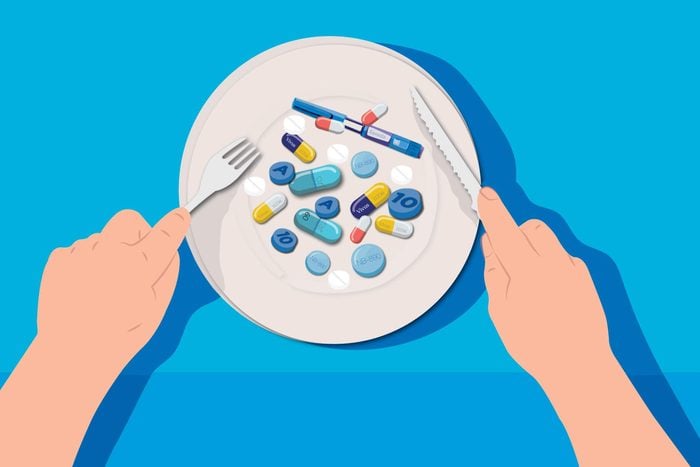 Illustration of a plateful of diet medications.