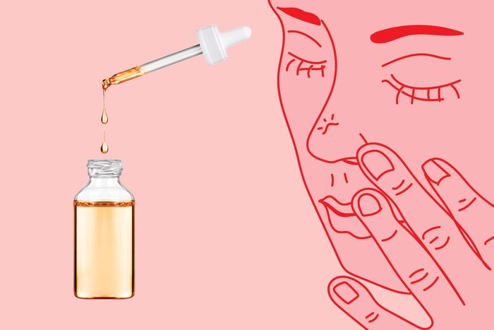 illustration of a person touching their nose with photo of dropper and bottle