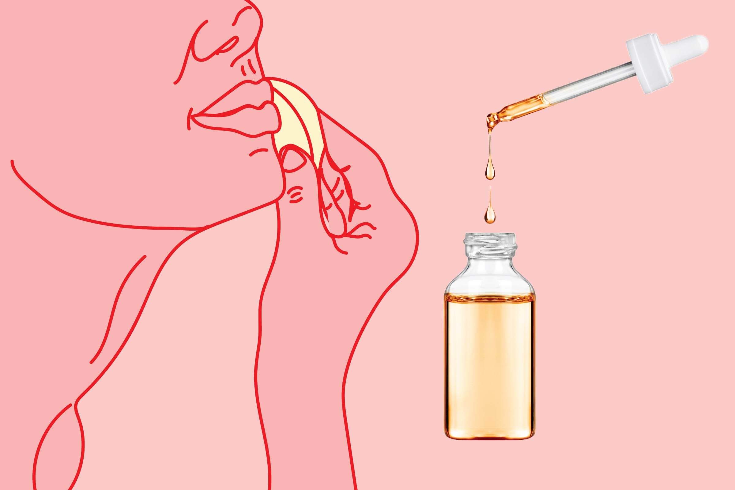 illustration of a person patting face with photo of dropper and bottle