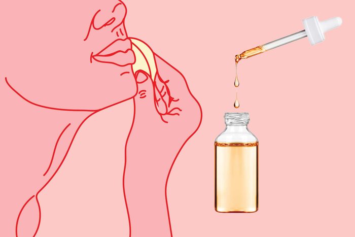illustration of a person patting face with photo of dropper and bottle
