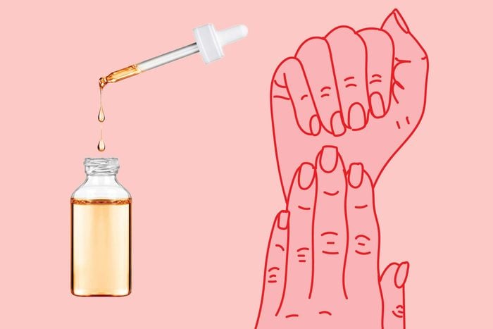 illustration of a hands rubbing with photo of dropper and bottle