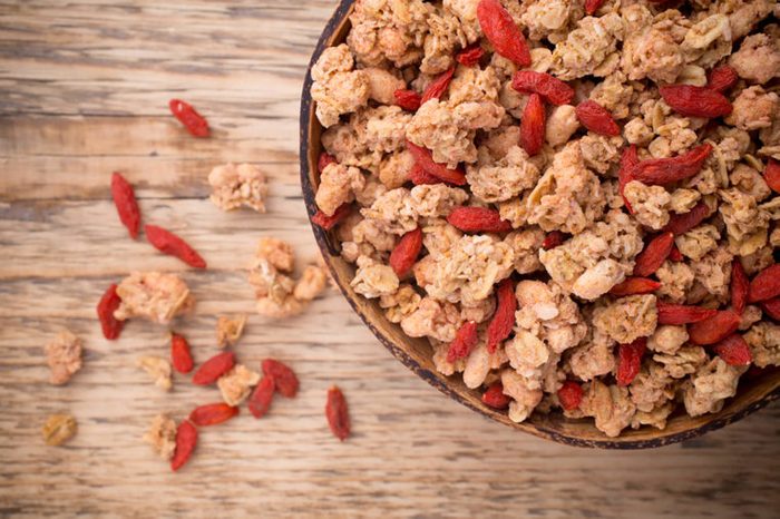 Goji berries and granola in a bowl