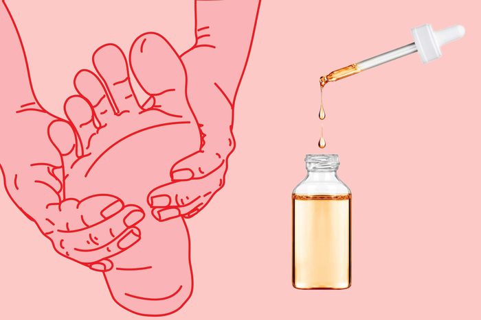 illustration of a person rubbing a foot with photo of dropper and bottle