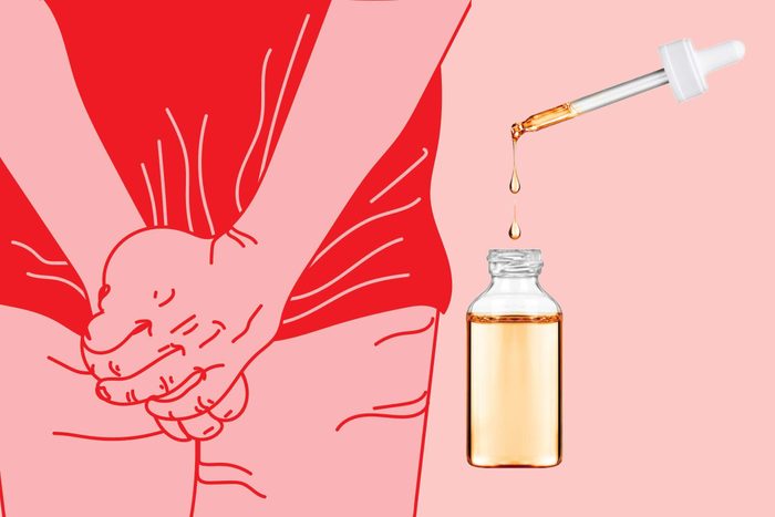 illustration of person holding their crotch with photo of dropper and bottle