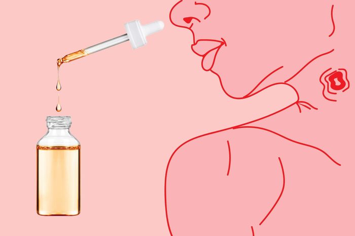 illustration of a boil on neck with photo of dropper and bottle