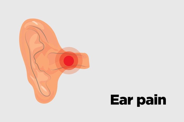 Illustration of an ear with a pain signal in the ear canal.