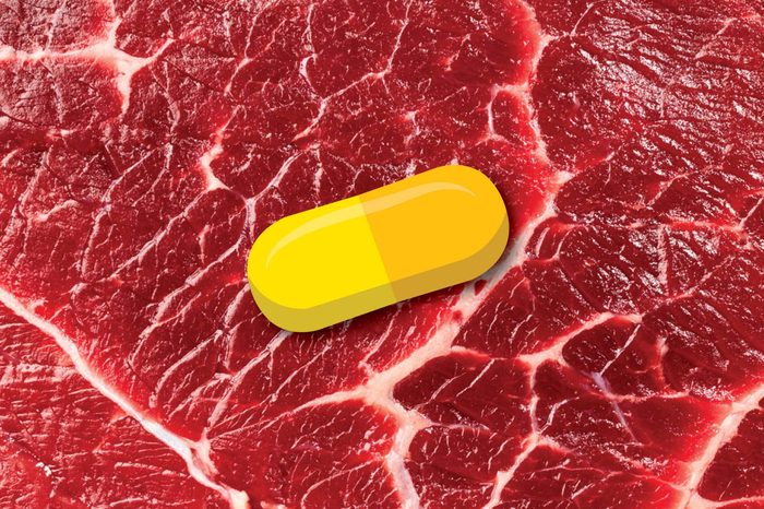 Illustration of a chromium capsule on a red meat background.