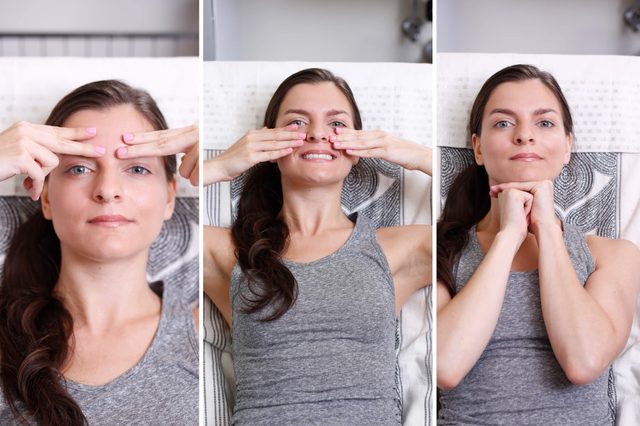 Woman doing various facial exercises to improve her skin.