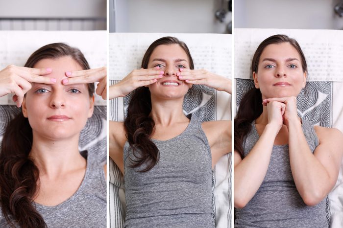 Woman doing various facial exercises to improve her skin.