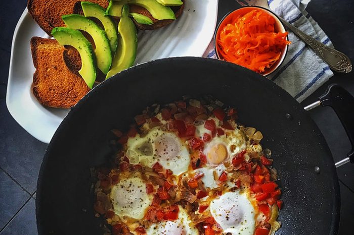 Eggs with peppers. 