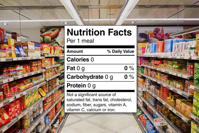Nutrition facts label over a grocery aisle