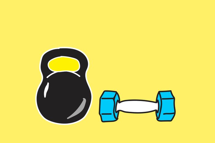 illustration of kettle ball and hand weight