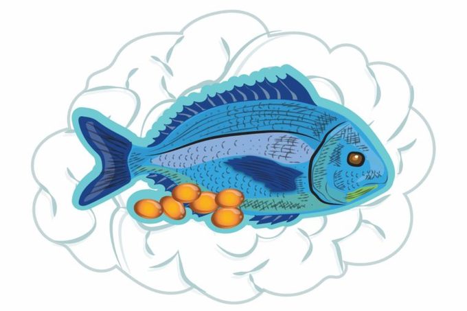 Illustration of a fish with fish oil capsules