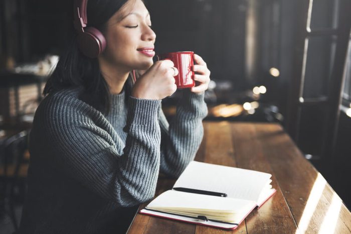 Headphone Listening Coffee Drinking Music Concept