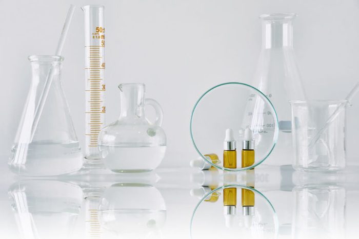 Brown bottle containers and scientific glassware