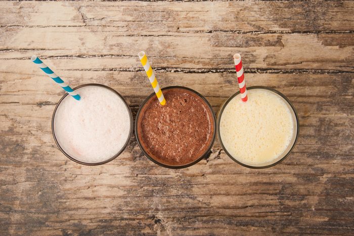 Three flavors of milkshakes—vanilla, chocolate and banana