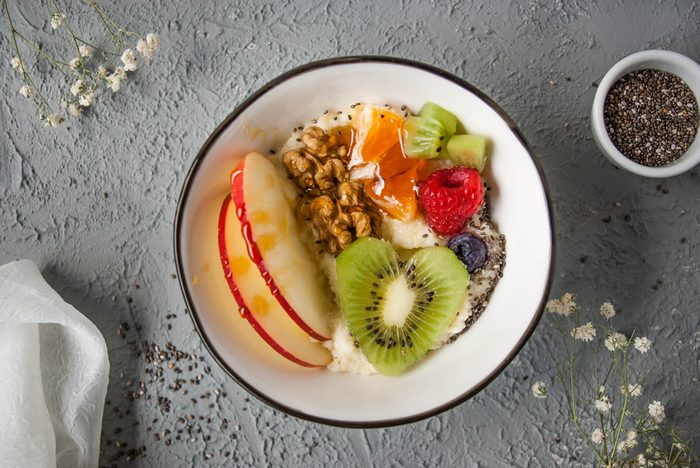Millet in a bowl with fruits and chia seeds