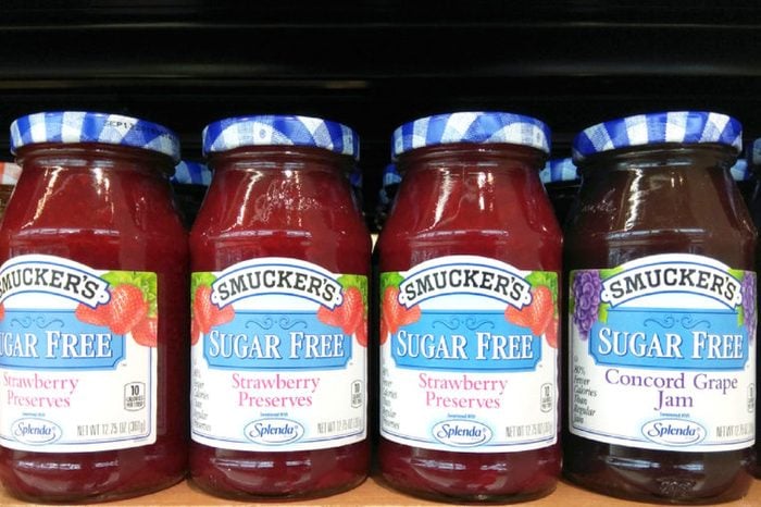 Sugar-free Smuckers fruits jams on store shelf