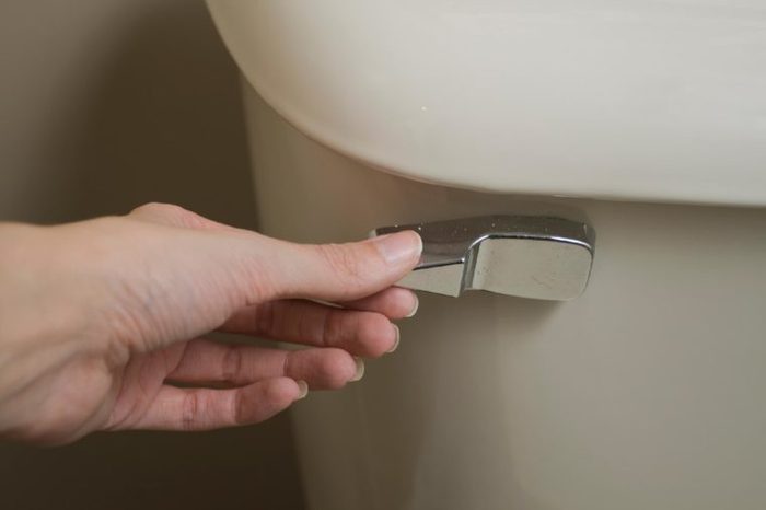 hand flushing a toilet