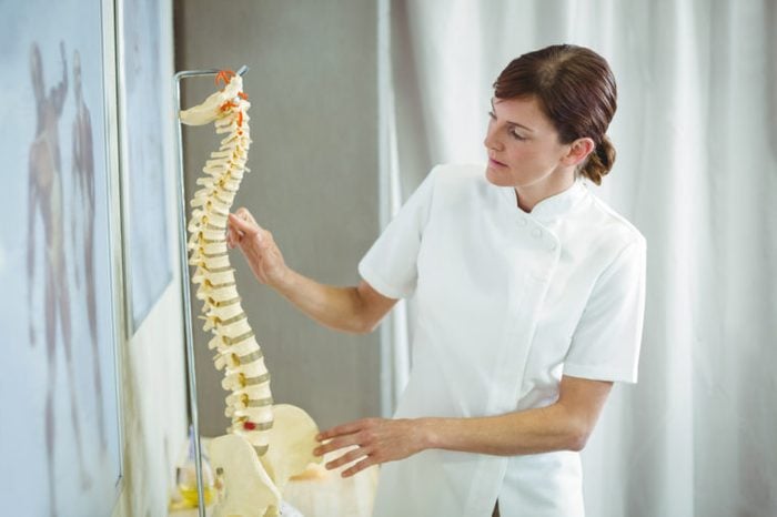Physiotherapist examining a spine model in the clinic.