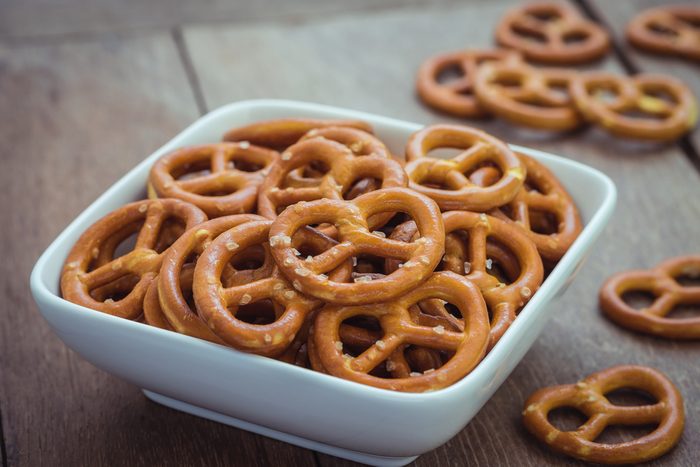 Salted pretzels in bowl