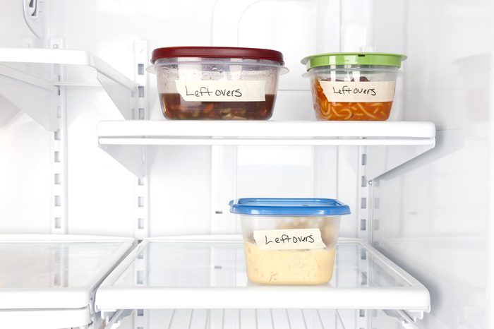 Leftover containers of food in a refrigerator for use with many food inferences.