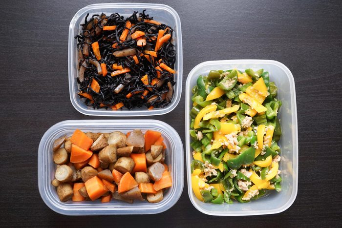 Meal prep plastic containers with healthy food