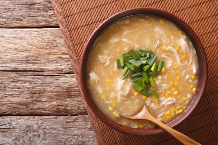 Chinese corn and chicken soup in a bowl 