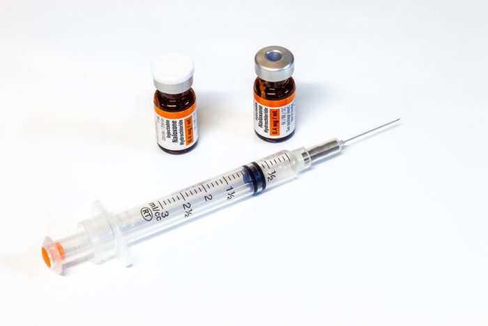 A vial of Nalxone and syringe which is used to reverse the effects of an opioid overdose.